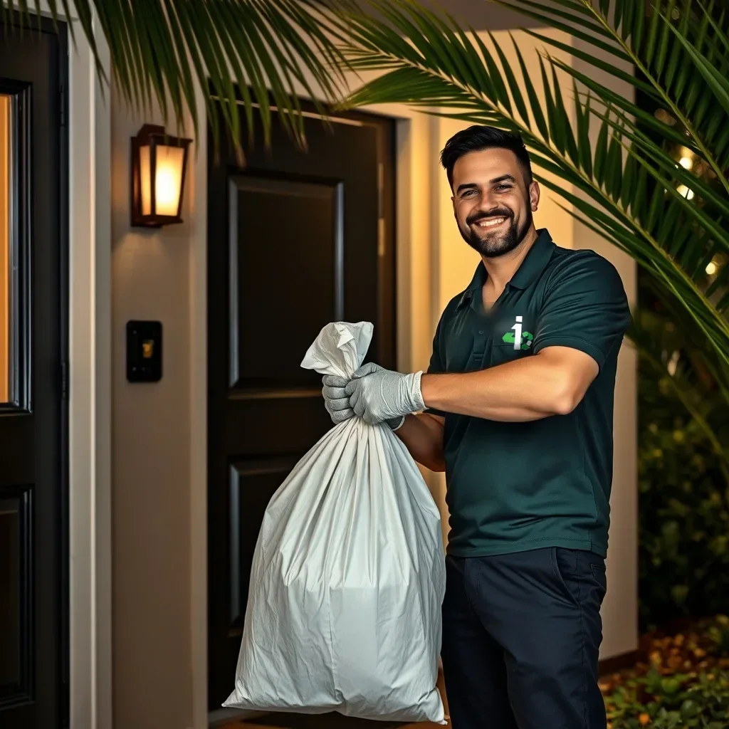 i4 waste valet collecting a trash bag from a doorstep container at a Florida apartment community at night
