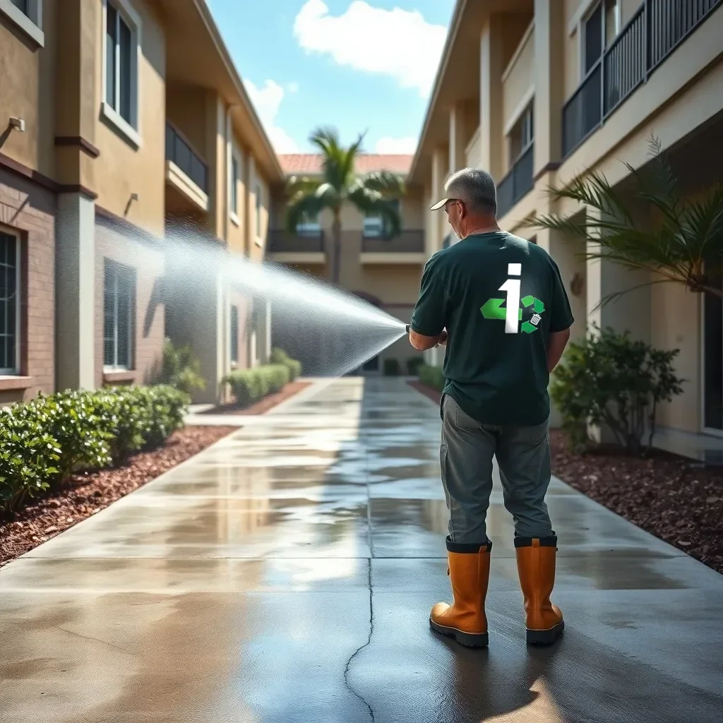 i4 worker pressure washing a breezeway walkway at a Florida apartment complex