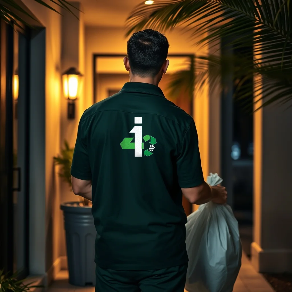 i4 valet collecting a doorstep trash bag at a Florida apartment community at night